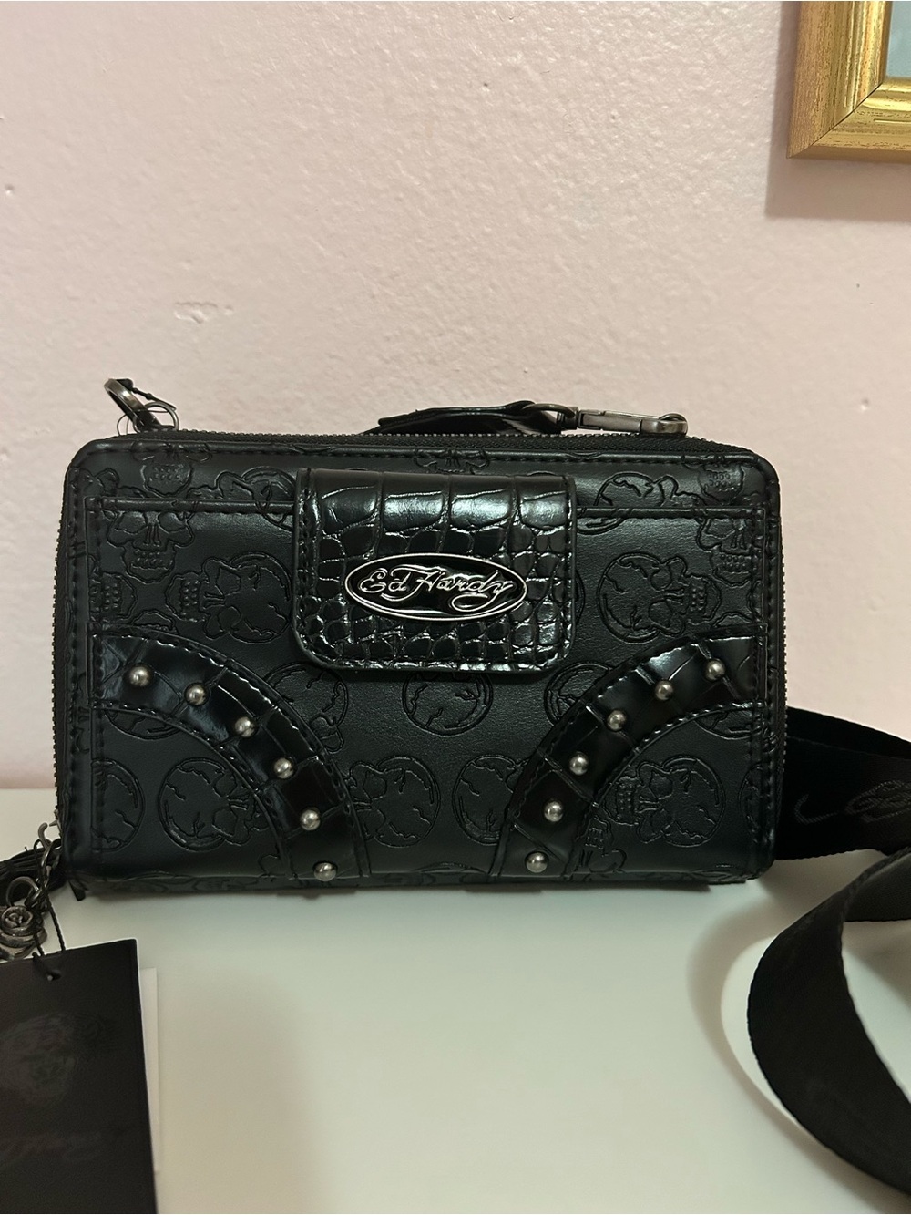 Ed Hardy Black Studded 3 in 1 Crossbody, Wallet and Wristlet NWT